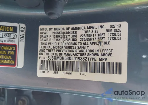 2013 Honda Cr-V Ex from USA, damaged, VIN 5J6RM3H53DL019332